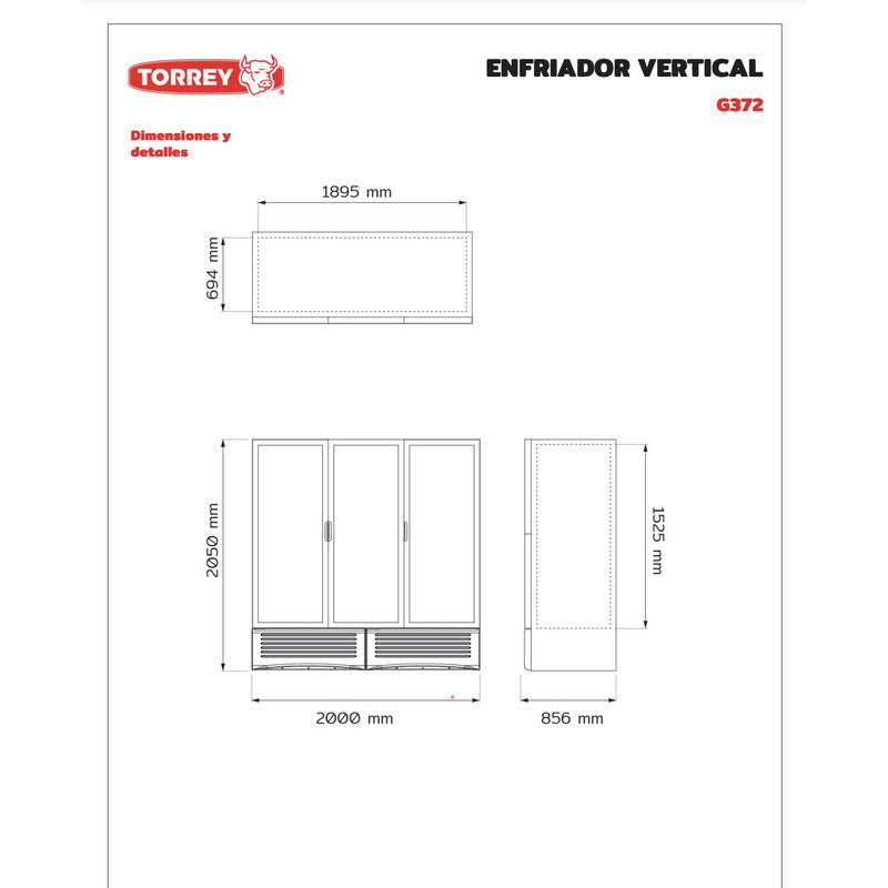 Refrigerador Vertical Torrey G372 72 Pies 3 Puertas Reyfri Acero