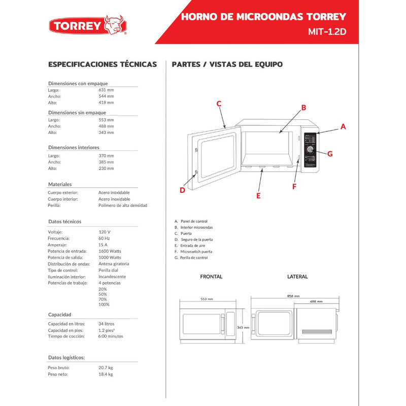Microondas Torrey Mit-1.2d Acero Inoxidable 1.2 Ft³ 120v