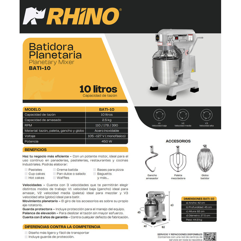 Batidora Planetaria Comercial Rhino Bati-10 Lts Amasa 1.5 Kg Gris 60 Hz