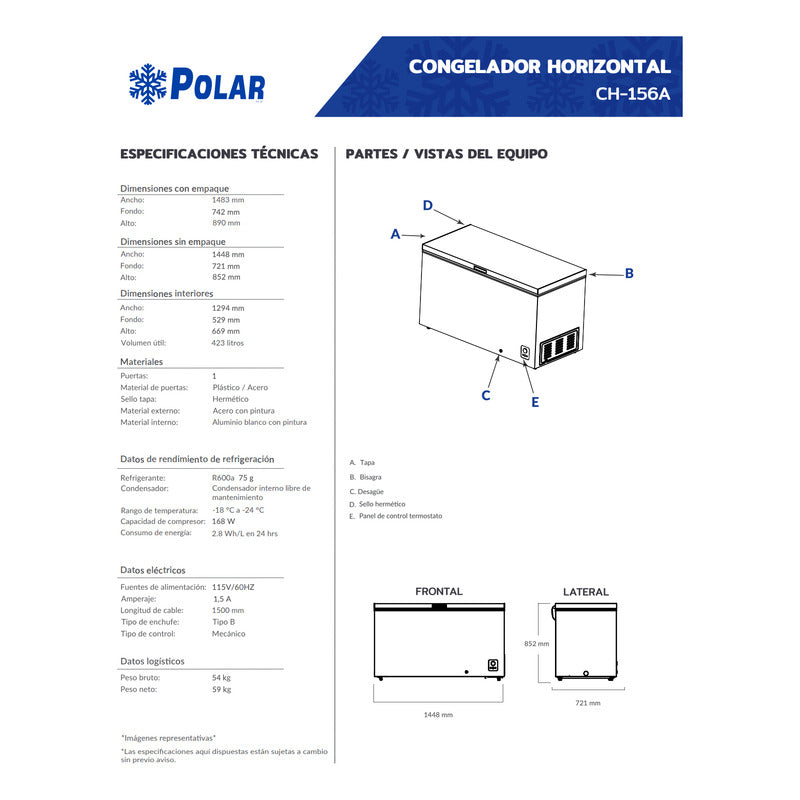 Congelador Horizontal Polar Ch-156a 423 Lts 1 Puerta Reyfri Blanco