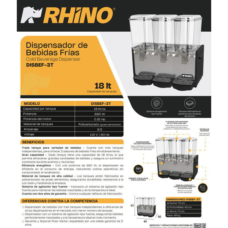 Dispensador Bebidas Frías Disbef-3t 3tanques 18 Lt Rhino Negro