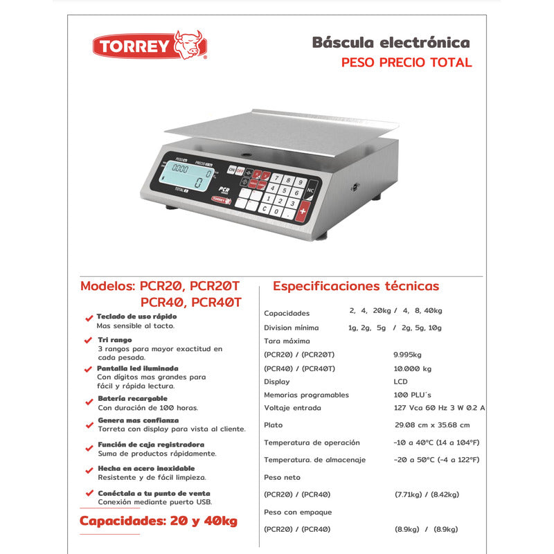 Báscula Comercial Digital Torrey Pcr 40kg 35 Cm X 29 Cm