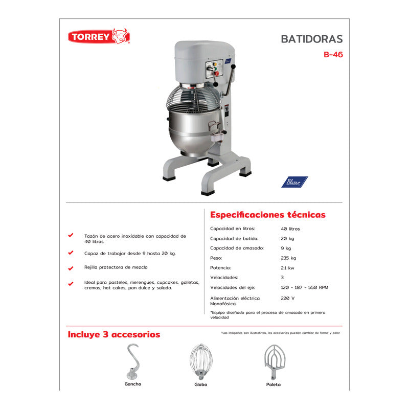 Batidora Planetaria Torrey B-46 Capacidad 46 Litros Reyfri Gris 60 Hz