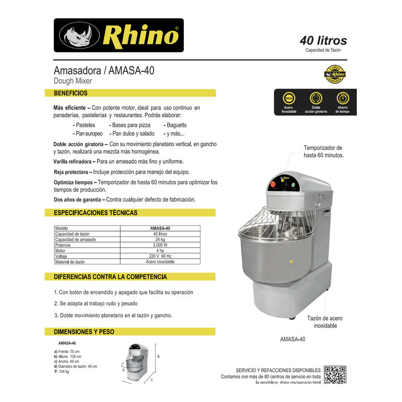 Amasadora Industrial Rhino Amasa-40 Para 40 Lts Reyfri