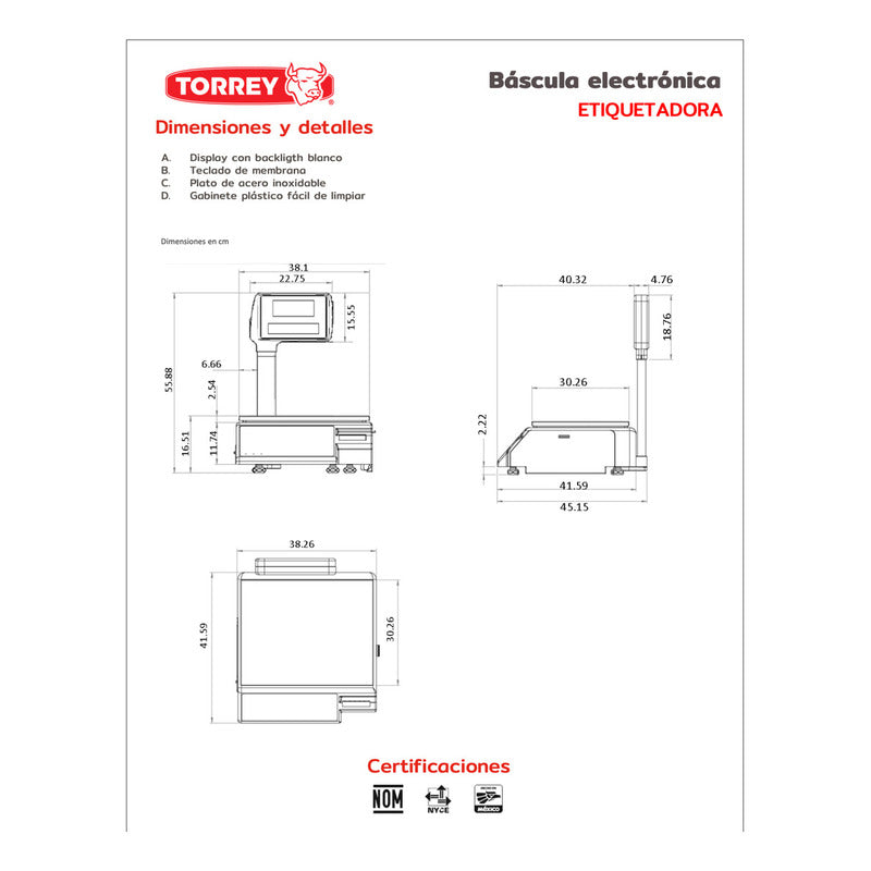 Báscula Comercial Etiquetadora Torrey Wlabel-40p 40kg Con Mástil 127v Gris 38 cm X 30 cm