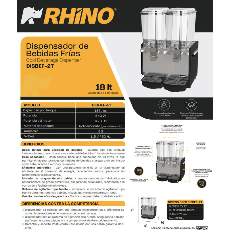 Dispensador Bebidas Frías Disbef-2t 2 Tanques De 18 Lt Rhino Negro