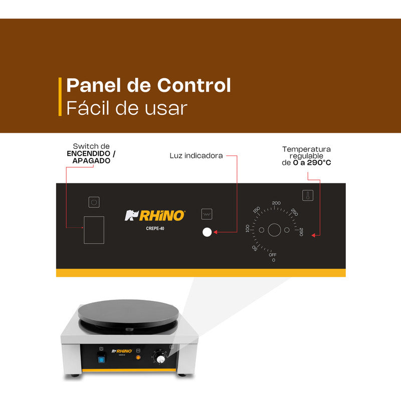 Crepera Eléctrica Rhino 2000w Con Teflón Antiadherente 40cm Gris