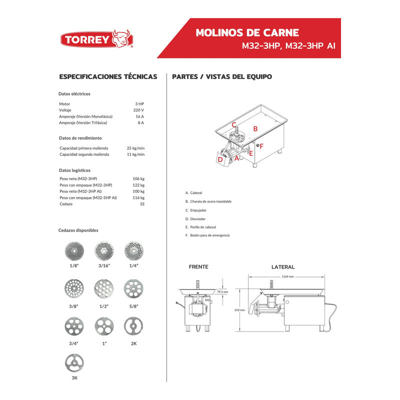 Molino Industrial Torrey Acero Inox. M-32 De 3 Hp