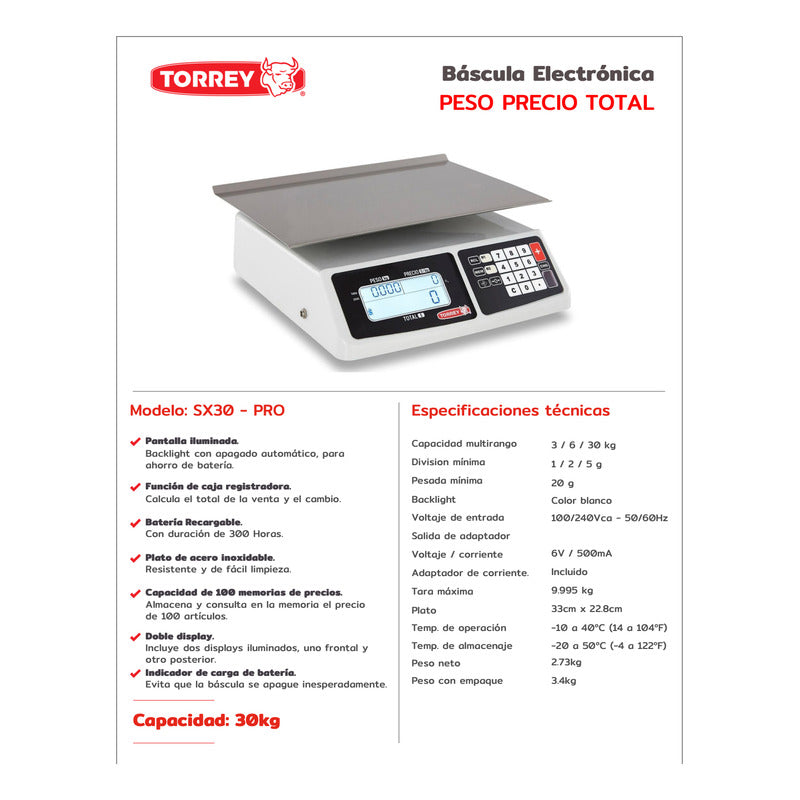 Báscula Digital Torrey Sx30-pro 30 Kg 22.7 X 33cm Reyfri Blanco