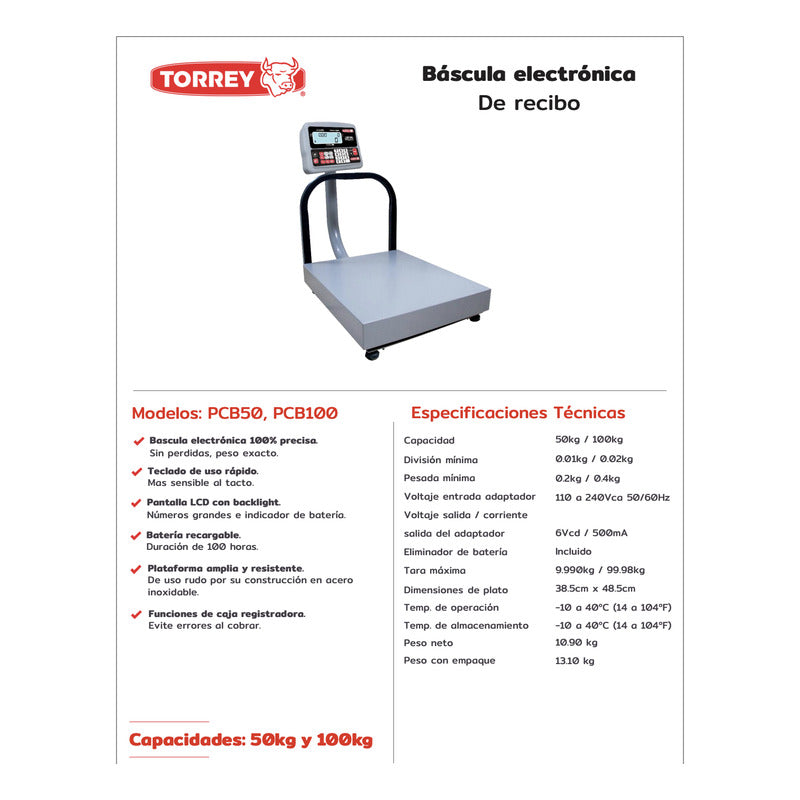 Báscula Comercial Digital Torrey Pcb 100kg 48.5 cm X 38.5 cm