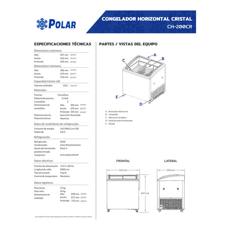 Congelador Cristal Curvo Comercial Polar Ch-200cr 152 Litros Blanco