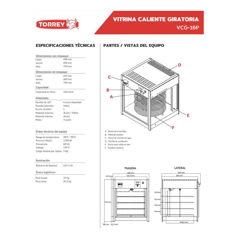 Vitrina Caliente Torrey Para Pizza De 45 Cm Vcg-16p