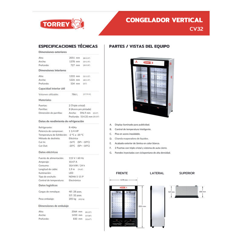 Congelador Comercial Vertical Torrey Cv-32 Pies Reyfri