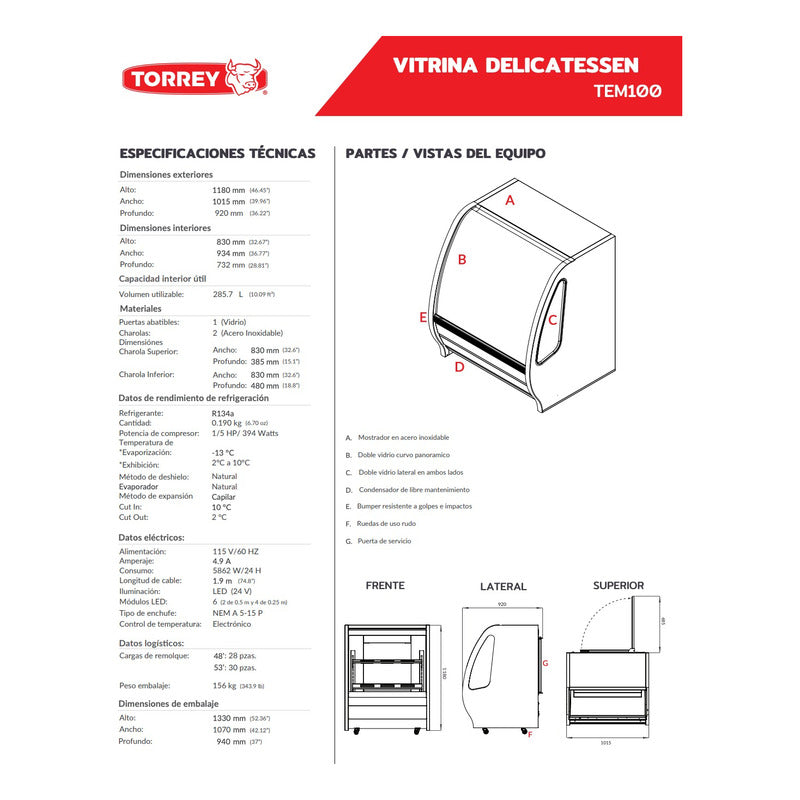 Vitrina Torrey Delicatessen Negra Vidrio Panorámico Tem-100n Curvo