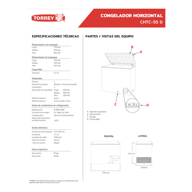 Congelador Horizontal Torrey Chtc-55d  Blanco 5.2ft³ 115v  Blanco