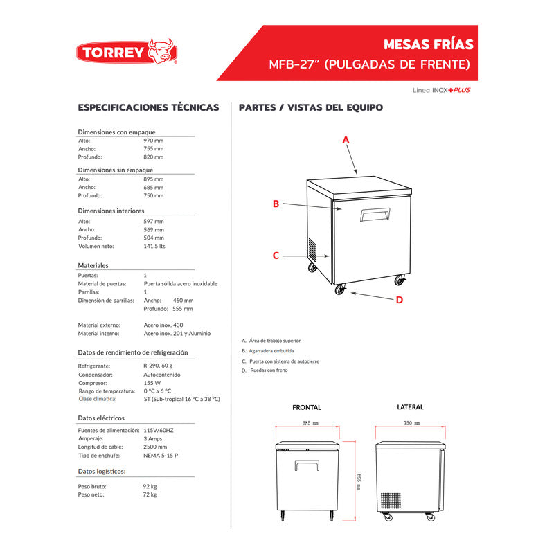Mesa Refrigerada Bajo Barra Torrey Acero Inox Mfb-27 141 Lts