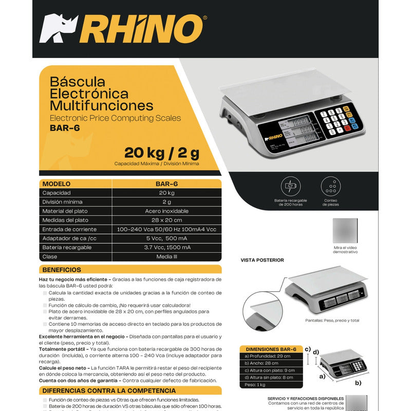 Báscula Comercial Digital Rhino Bar-6 20kg 28 cm X 20 cm