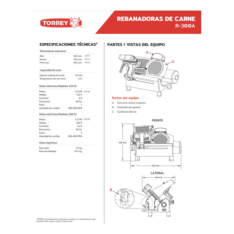 Rebanadora De Carnes Torrey Cuchilla 300 Mm R-300a Reyfri