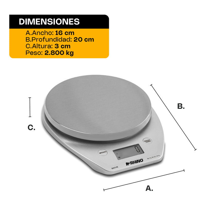 Báscula Rhino 5kg Plato Acero Inoxidable Baci-5x  5 Kg