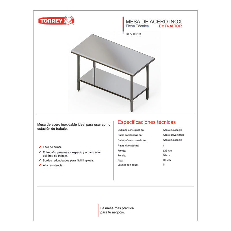Mesa De Acero Inoxidable Torrey Emt4-ai 60 X 122 Cm Reyfri