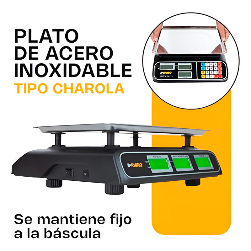 Báscula Comercial 40kg / 5g Charola Acero Barcom-40 Rhino Negro