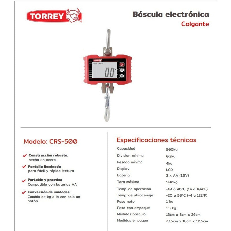 Báscula Industrial Digital Colgante Torrey Crs-s-500 500kg