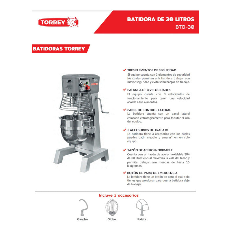 Batidora De Pedestal Industrial Torrey Bto-30 60 Hz 110 V - Gris - 60 Hz