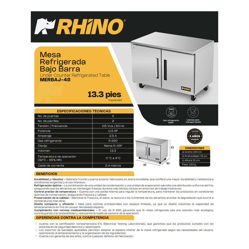 Mesa Refrigerada Bajo Barra Rhino Merbaj-48 A.inox 0°c A 4°c Gris