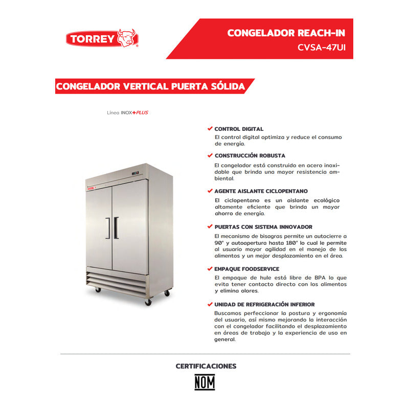 Congelador Comercial Torrey Cvsa-47 Acero Inox -22°c A -12°c