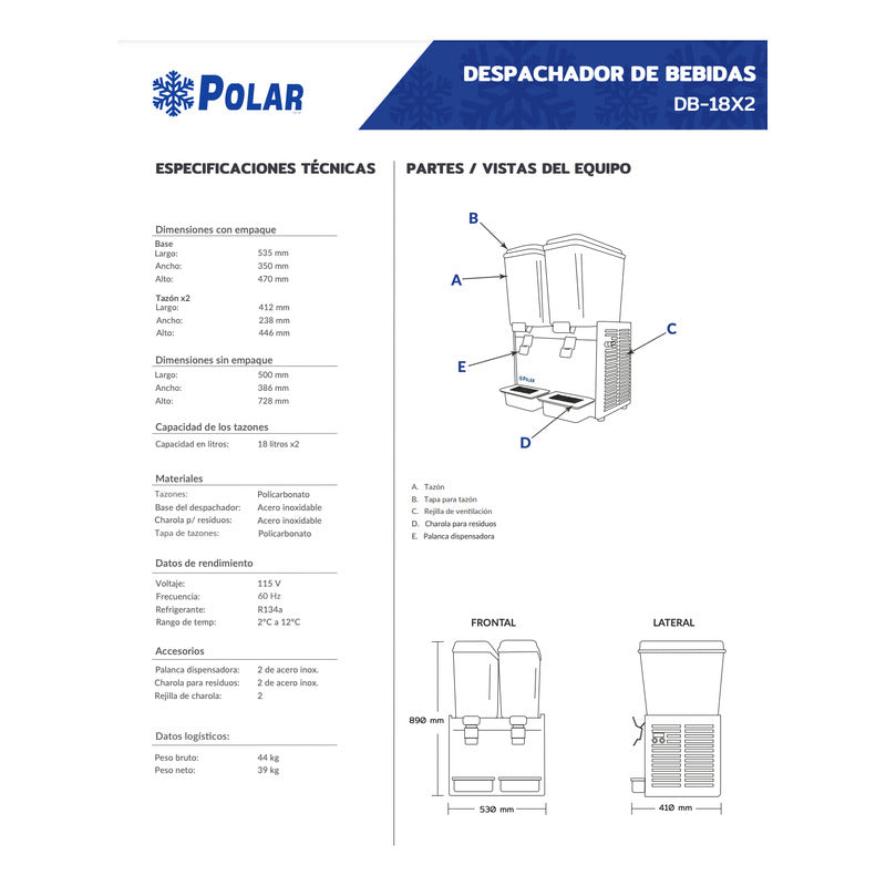 Despachador Enfriador De Bebidas Polar 2 Tazones 18 Litros