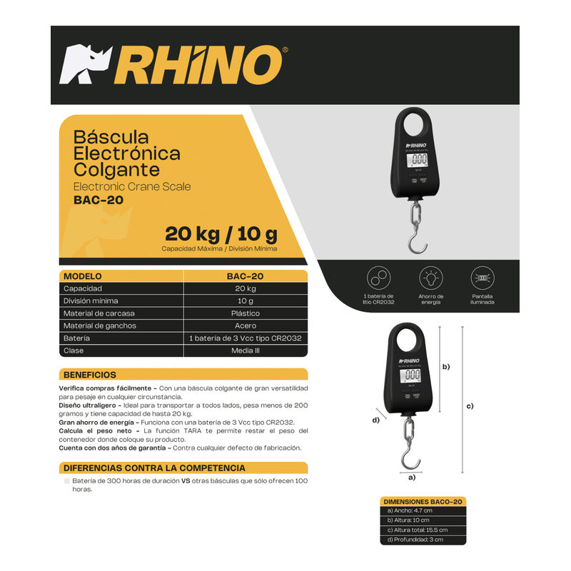 Bascula Colgante Portátil 20kg Bac-20 Color Negro Rhino Negro