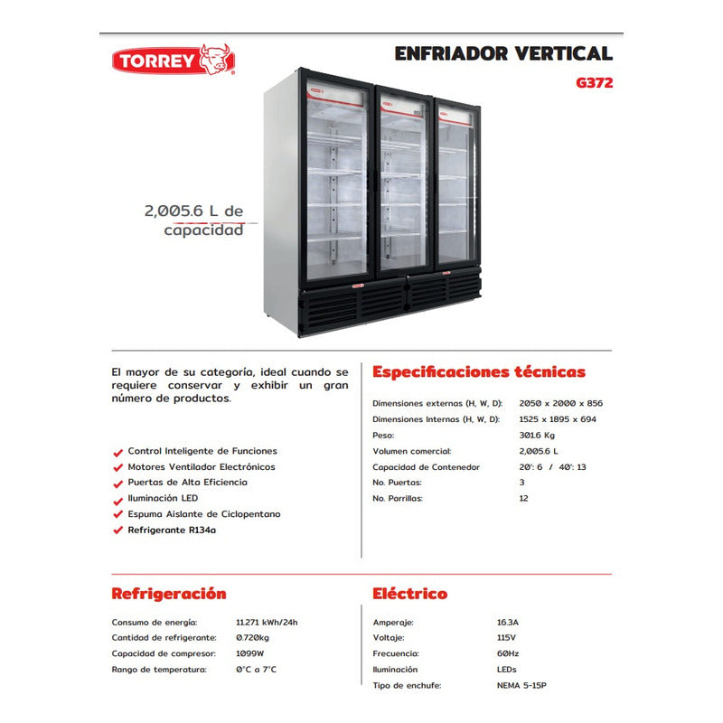 Refrigerador Vertical Torrey G372 72 Pies 3 Puertas Color Acero