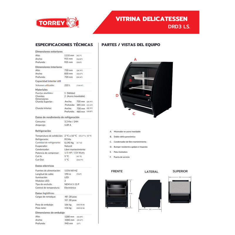 Vitrina Refrigerada Cremera Torrey Drd3lsn 2°c A 10°c Reyfri Curvo