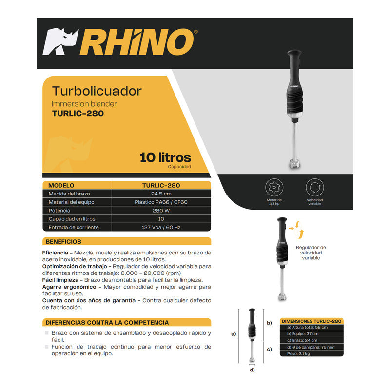 Batidora De Inmersión Industrial Rhino Turlic-280 A. Inox Negro/acero Inoxidable