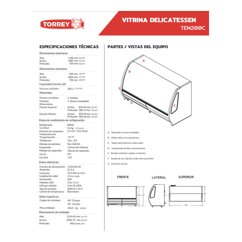 Vitrina Carnicera Torrey Vidrio Curvo Negro Tem-200c Reyfri Curvo