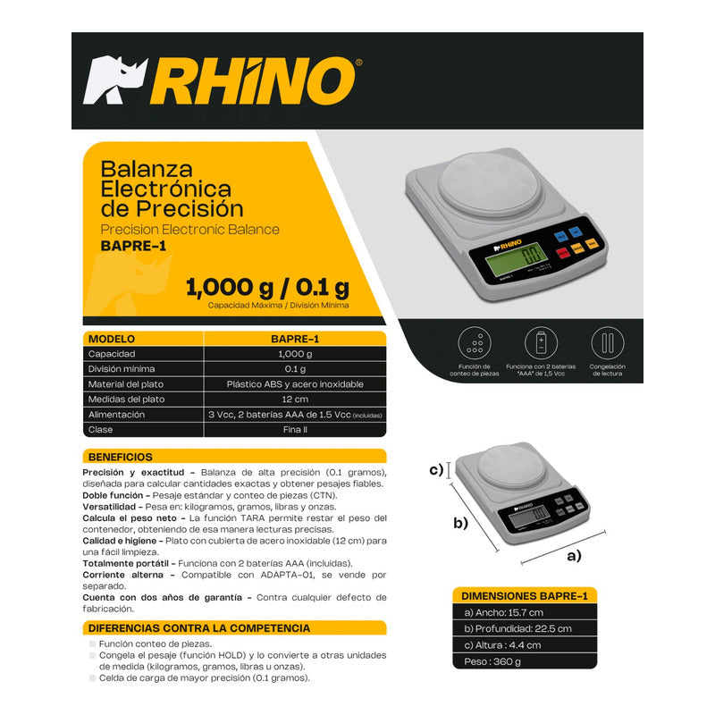 Báscula De Precisión Digital Rhino Bapre1 1kg/0.1g Precisión Gris