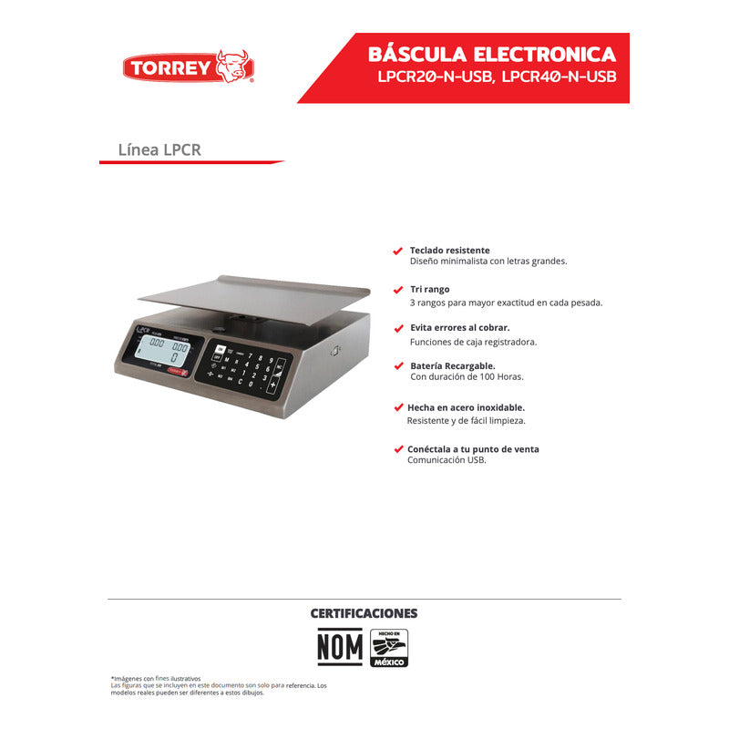 Báscula Comercial Torrey Lpcr-40 Acero Inox 40 Kg Usb Reyfri Acero Inoxidable