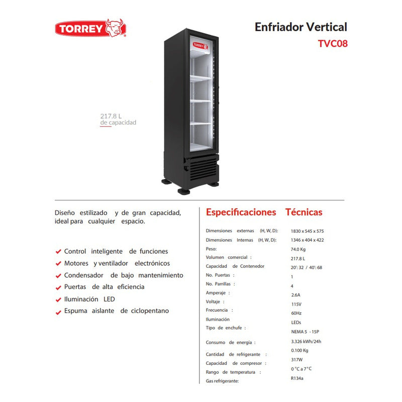Refrigerador Comercial Vertical Torrey Tvc-08 0° A 7°c Color Blanco