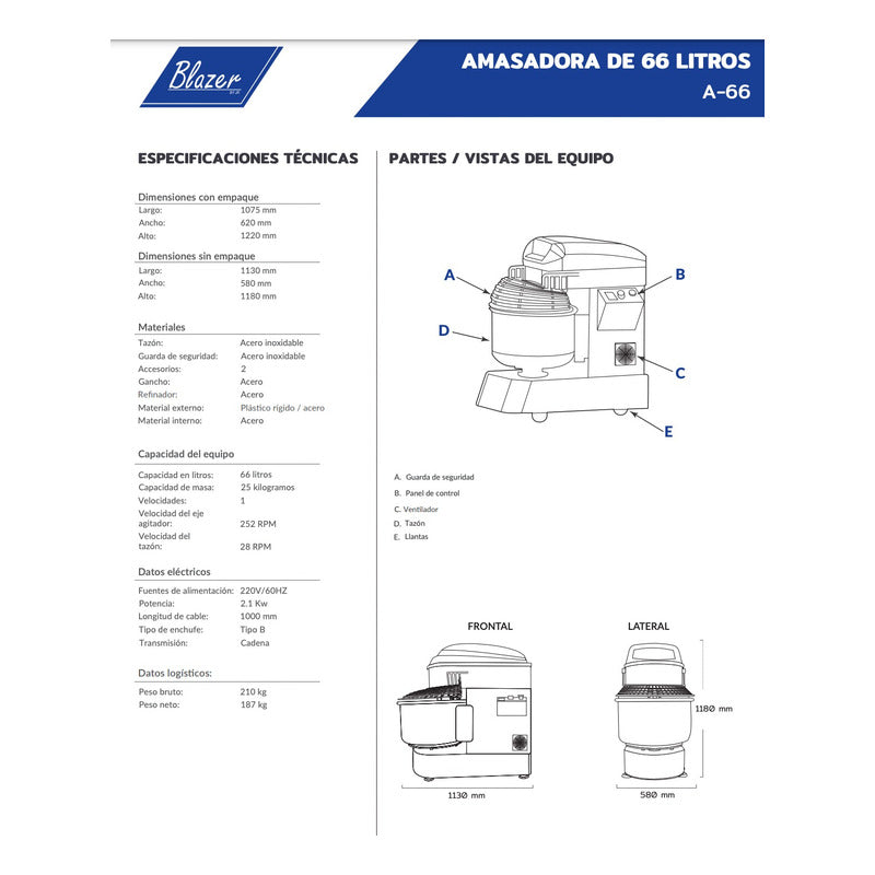 Amasadora Comercial Blazer 66 Litros