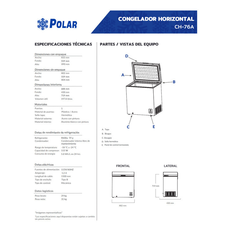 Congelador Horizontal Polar Ch-76a 198 Lts 1 Puerta Reyfri Blanco