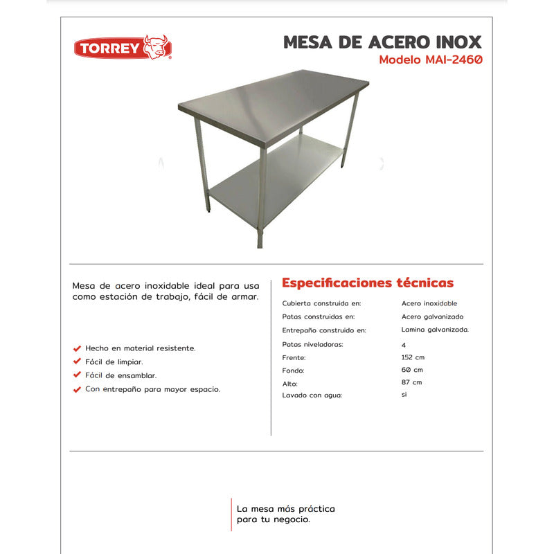 Mesa Trabajo Acero Inoxidable Torrey Profesional Mair-2460