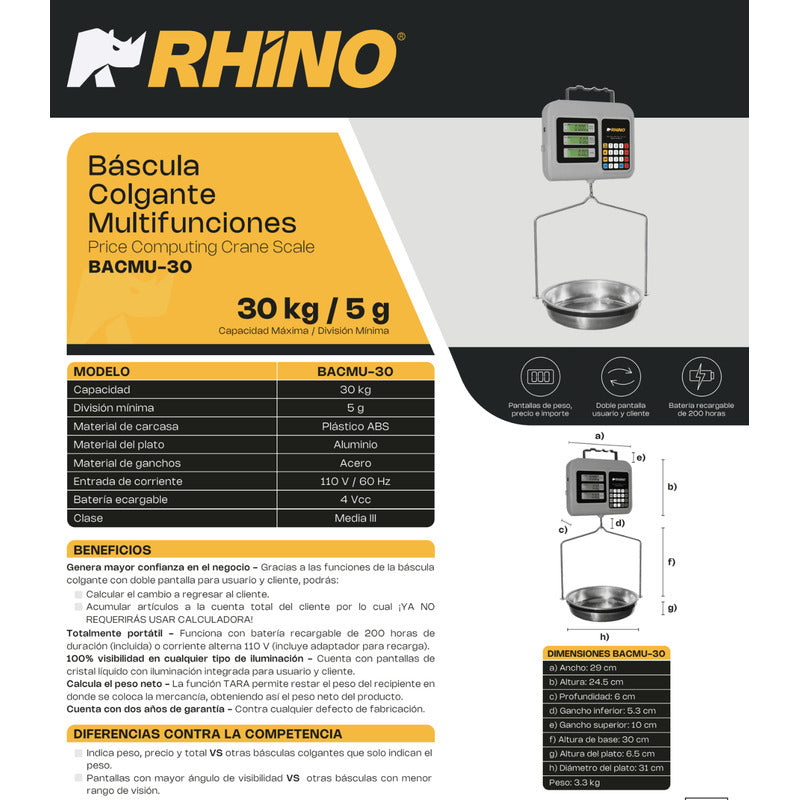 Báscula Comercial Digital Colgante Rhino Bacmu-30 Kg 110v  Gris