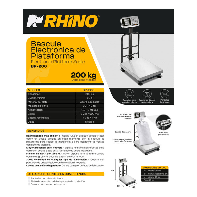 Báscula Comercial Digital Plataforma Rhino Bp-200kg Reyfri - Gris