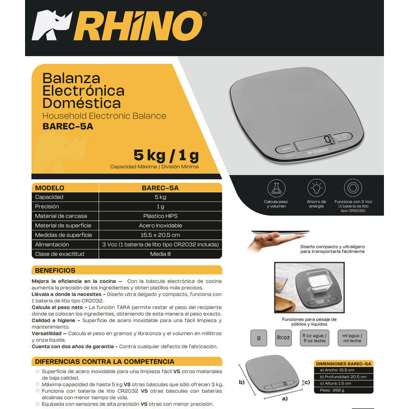 Bascula Digital De Cocina Rhino Gramera Barec-5a 5kg/1g  Gris 5 Kg