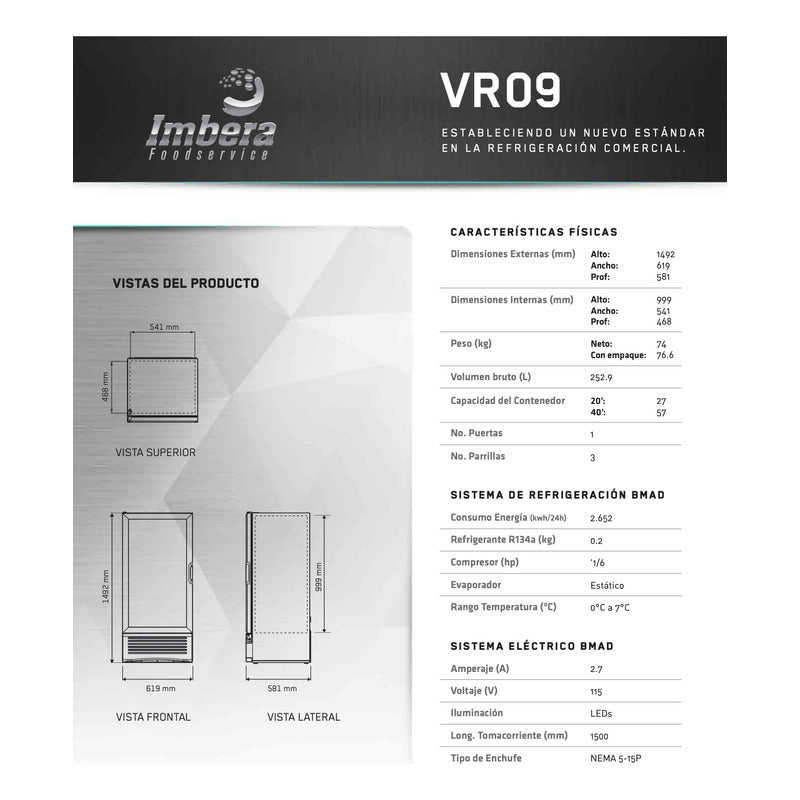Refrigerador Comercial Vertical Imbera Vr-09 1 Puerta Reyfri Gris