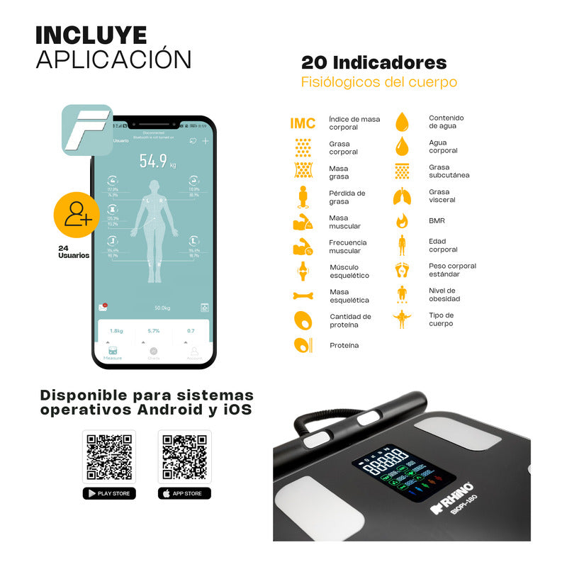 Bascula Digital Corporal 8 Electrodos Rhino 180kg Con App Negro