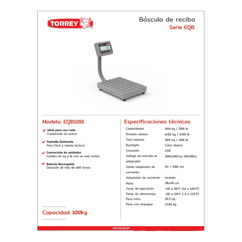 Bascula Digital De Recibo Torrey Modelo Eqb 100kg Rbanda Color Gris Peso Máximo Soportado 100 Kg