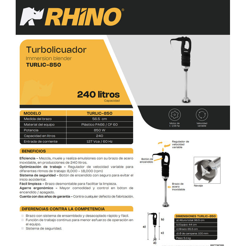 Batidora De Inmersión Industrial Rhino Turlic-850 240 L Negro/acero Inoxidable