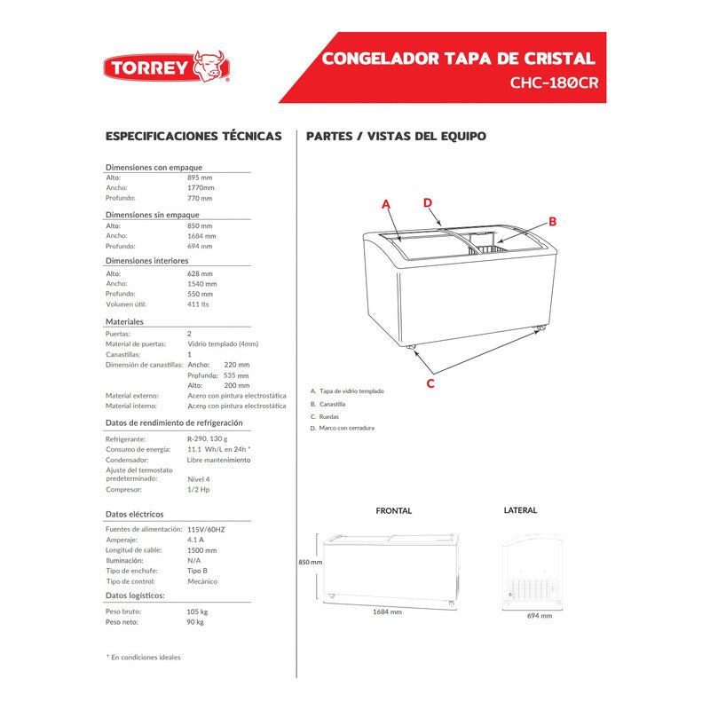 Congelador Horizontal Torrey Vidrio Curvo Chc-180cr Reyfri Blanco