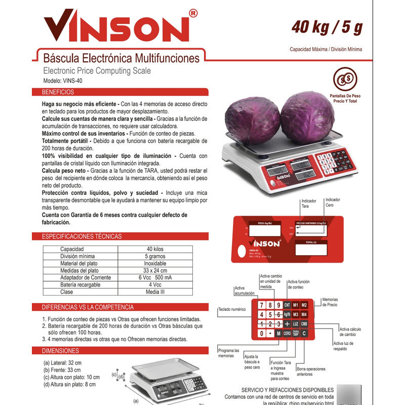Báscula Comercial Digital Vinson Vins-40 40kg 33 cm X 24 cm Rojo
